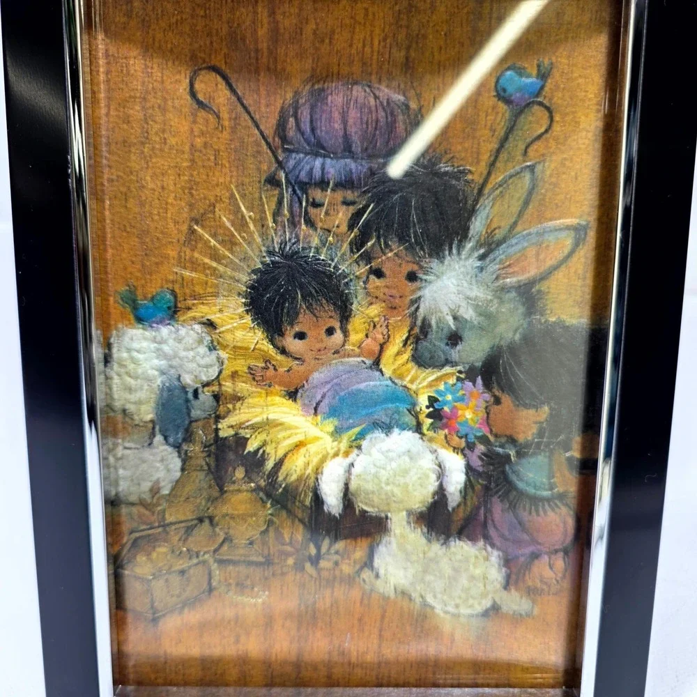 Vintage Nativity Scene Art Plaque Whimsical Religious Decor Wood Tabletop 8